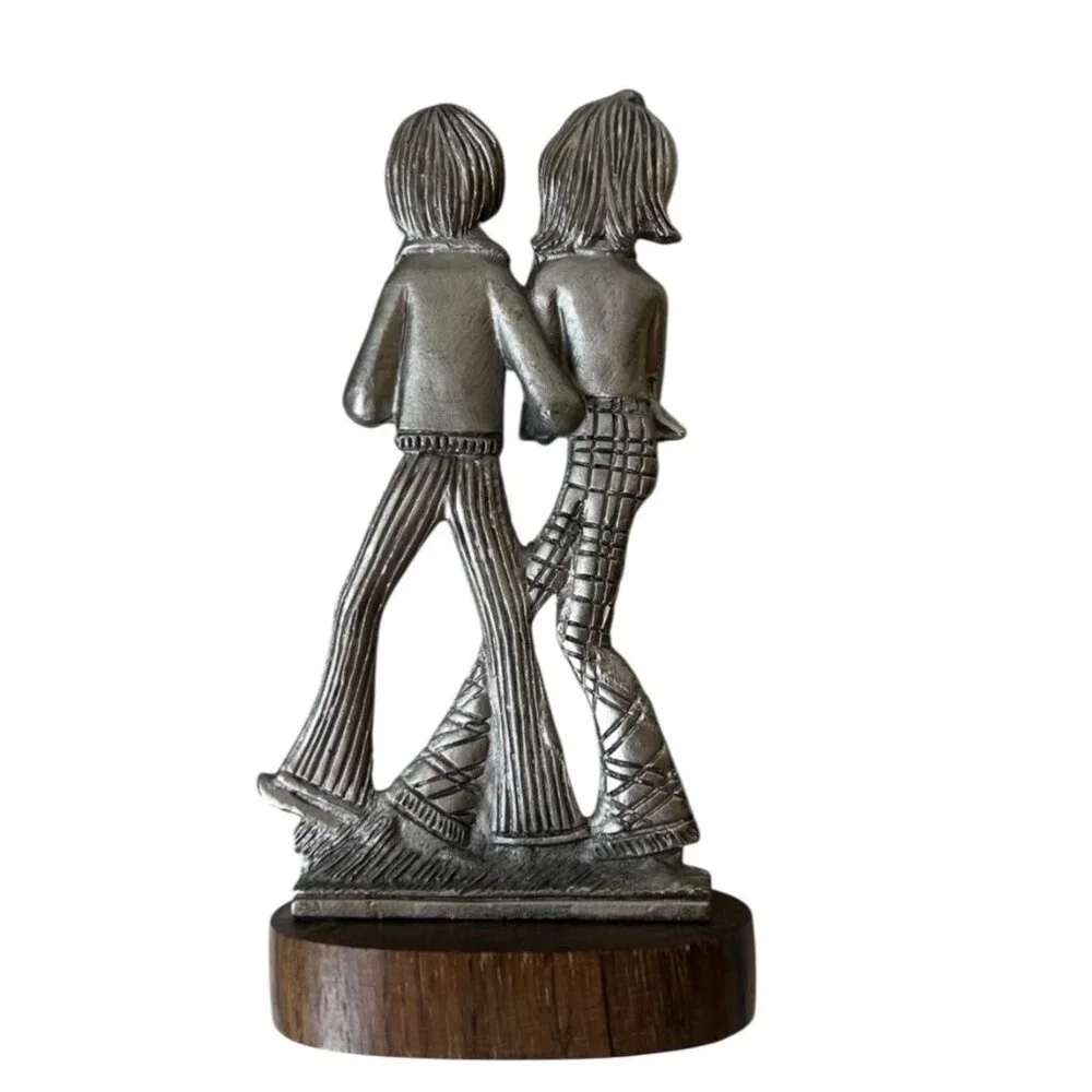 Peltro Cessallato Pewter Sculpture Boy Girl With Dog On Wooden Base 5" T - Picture 7 of 9